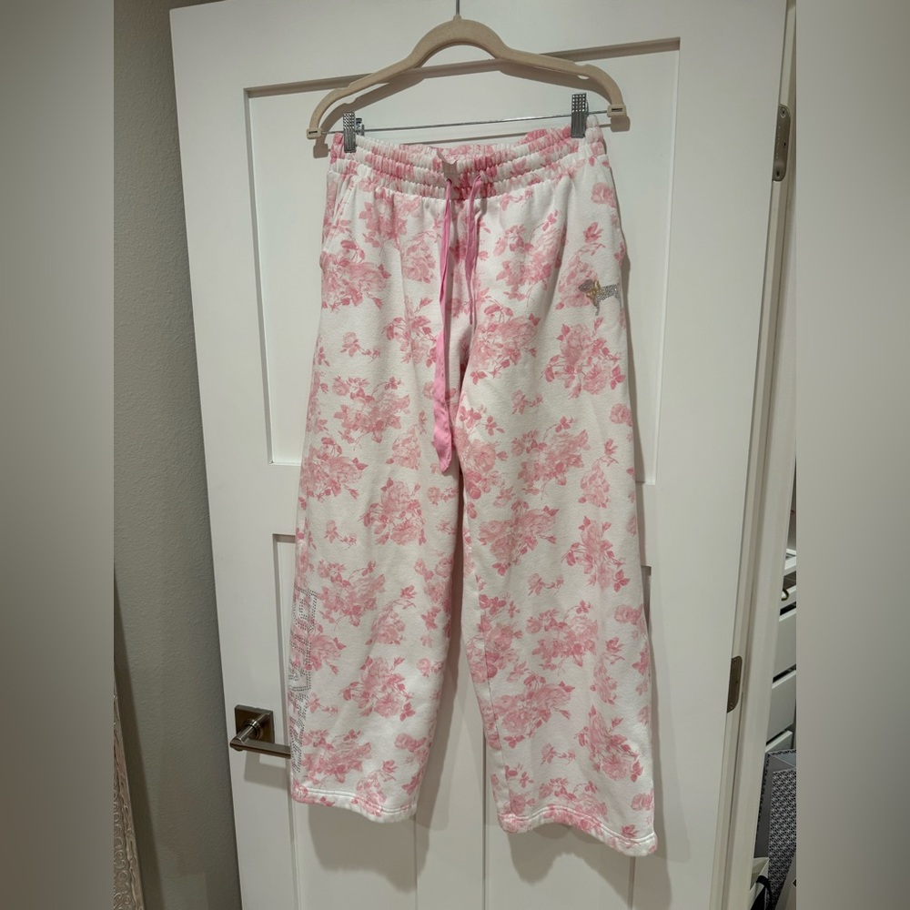 LoveShackFancy White & Pink Floral Track Pants
